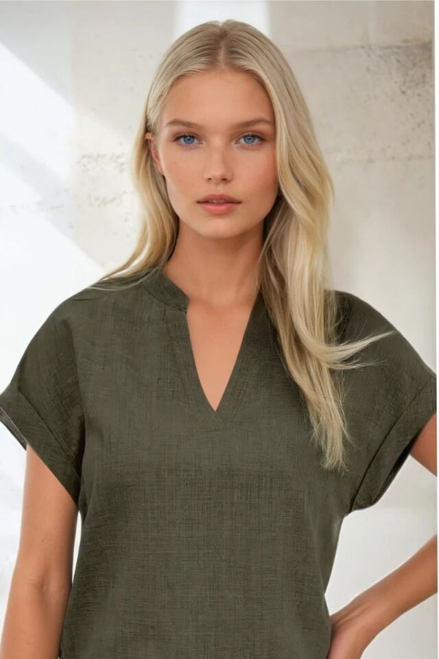 V-Neck Short Sleeve Olive Green Blouse