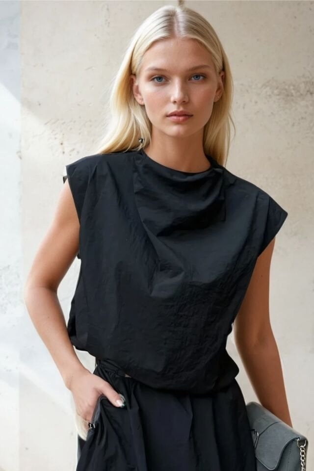 Siyah Paraşüt Kumaş Balon Bluz