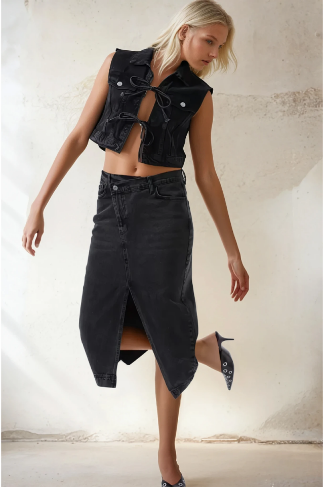 Siyah Asimetrik Midi Jean Etek