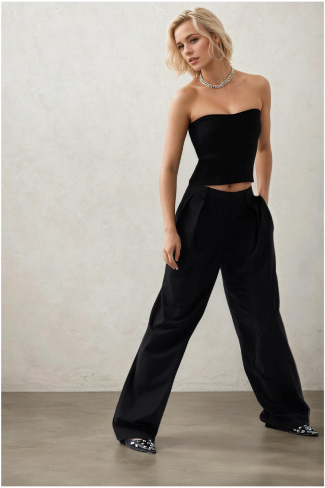 Straplez Dokulu Siyah Crop