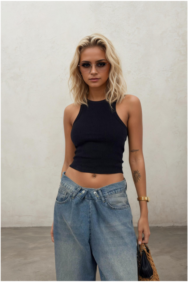 Halter Yaka Kolsuz Siyah Bluz