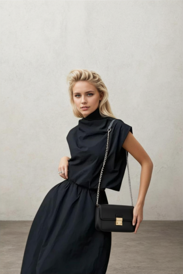 Siyah Paraşüt Kumaş Balon Bluz