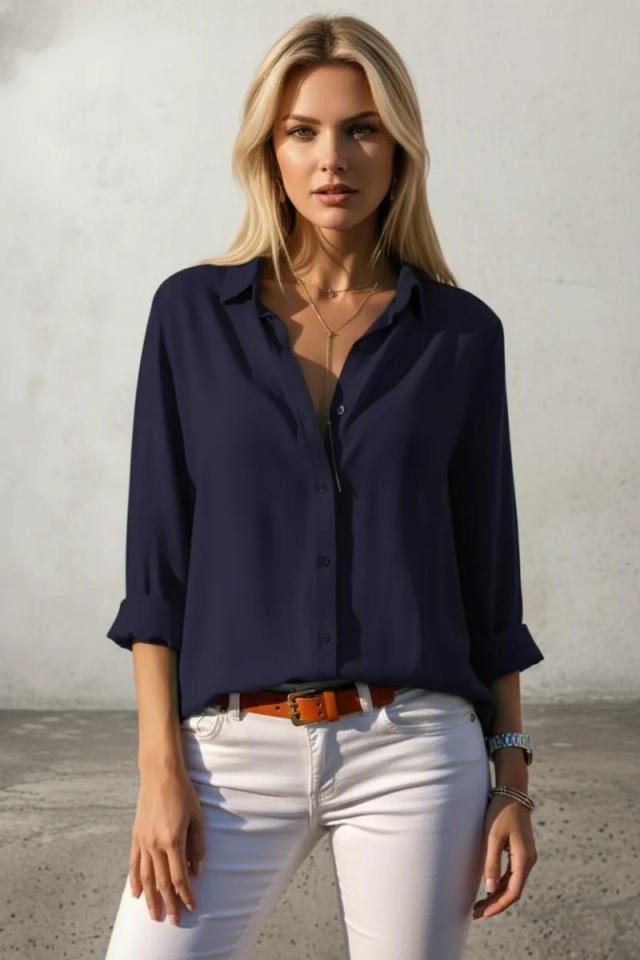 Lacivert Uzun Kollu Basic Viskon Gömlek