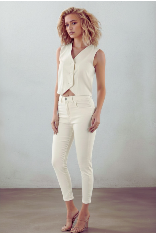 Ekru Yüksek Bel Straight Jean